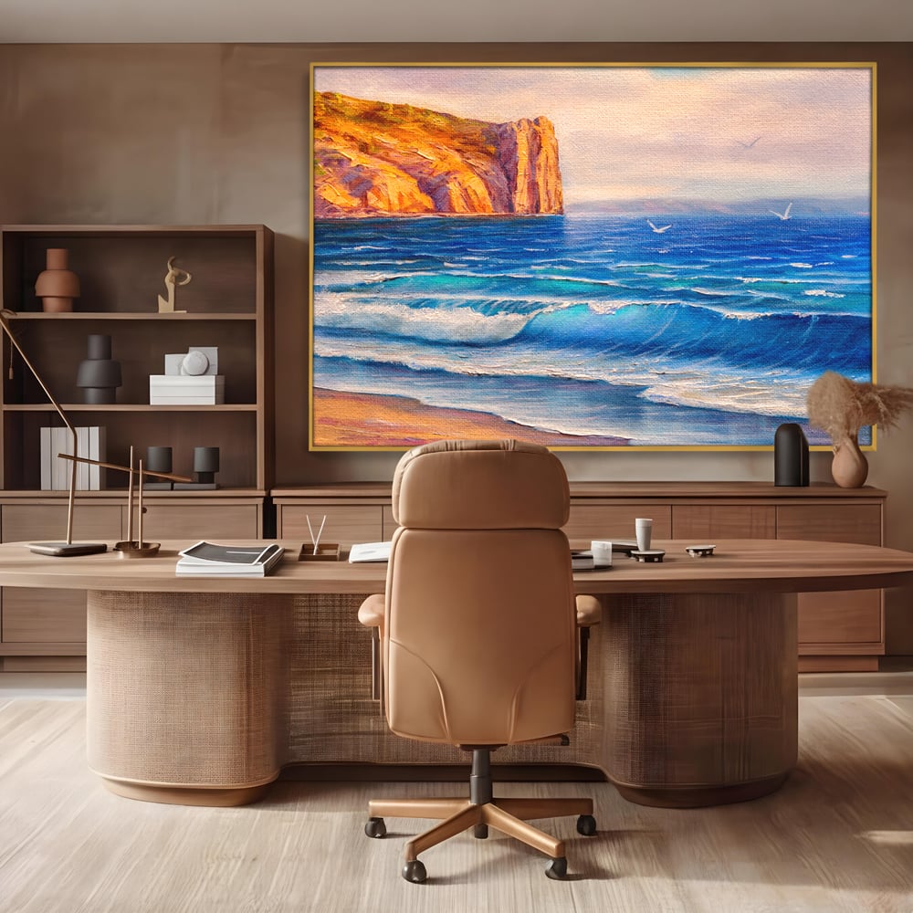 Tablou canvas cu pictura cu stanca pe malul marii, in rama de aluminiu auriu, pe perete intr-un birou